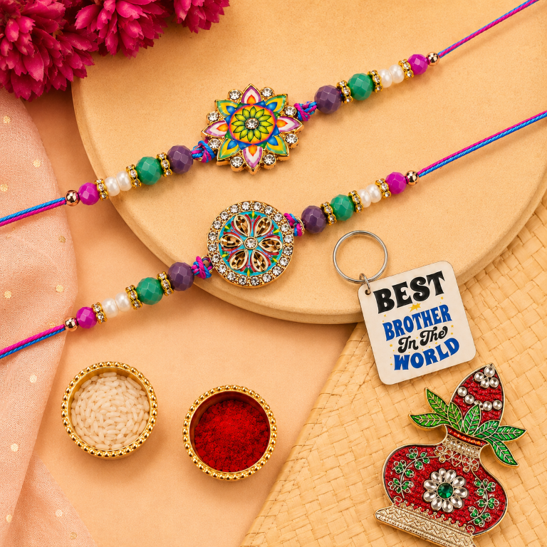 Rakhi Gift Set with 2 Colorful Mandala Rakhi Set, Roli Chawa, Sipra, Key Chain and chocolate box