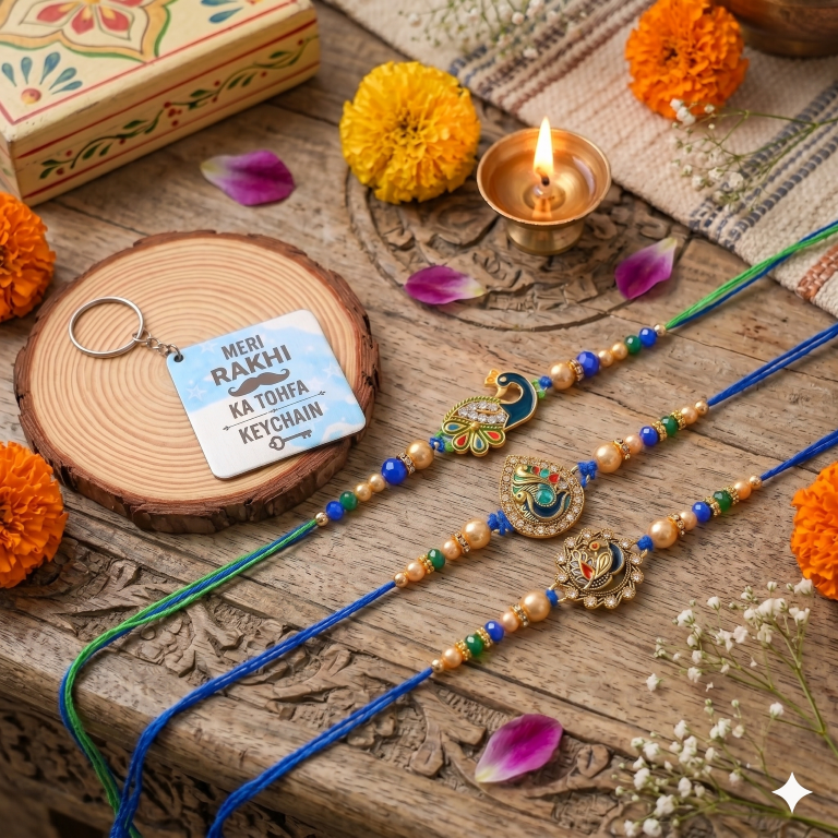 Rakhi Gift Set for Bhai with 3 Royal Peacock Rakhi Trio, Roli Chawa, Sipra, Key Chain and chocolate box
