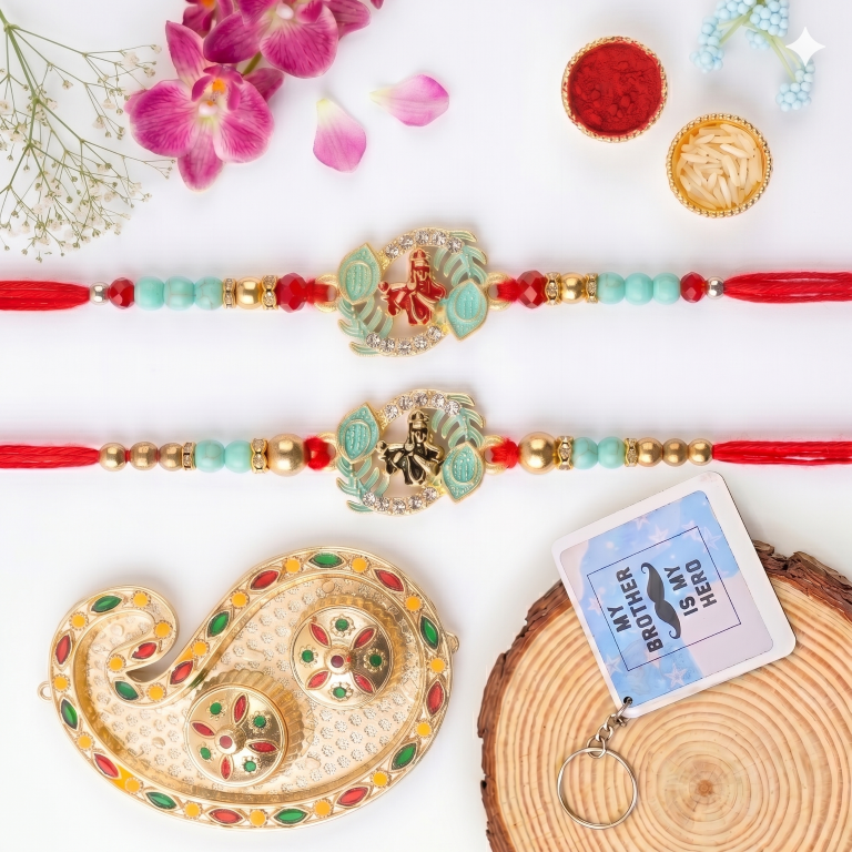 Rakhi Gift Set with 2 Lakshmi Ganesha Rakhi Set, Roli Chawa, Sipra, Key Chain and chocolate box