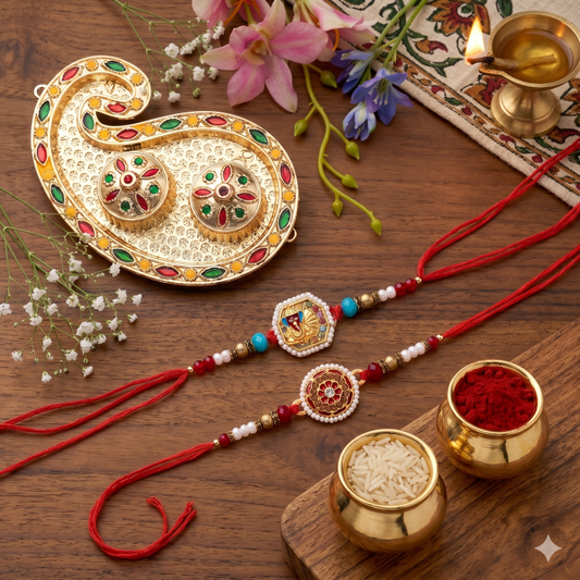 Set of 2 Ganesha Designer Rakhi Set for Brother, Bhai, Multicolor