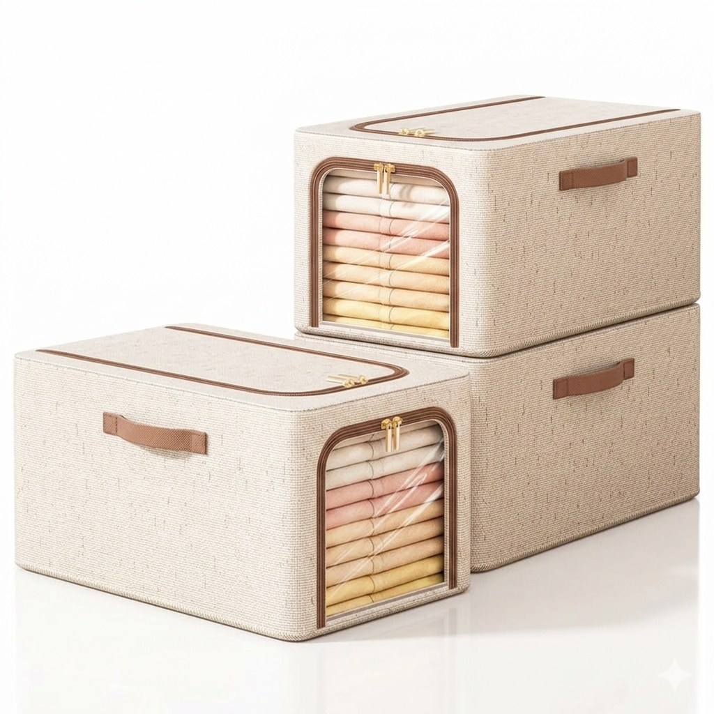 Tiny Shiny Clothes Storage Bins with Metal Frame  and Handle — 49 Litre Quilt Organizer Box |  Pack of 3 | Beige