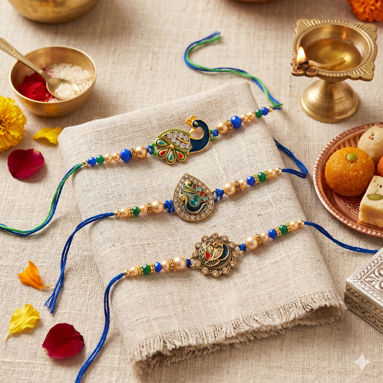 Rakhi Gift Set for Bhai with 3 Royal Peacock Rakhi Trio, Roli Chawa, Sipra, Key Chain and chocolate box