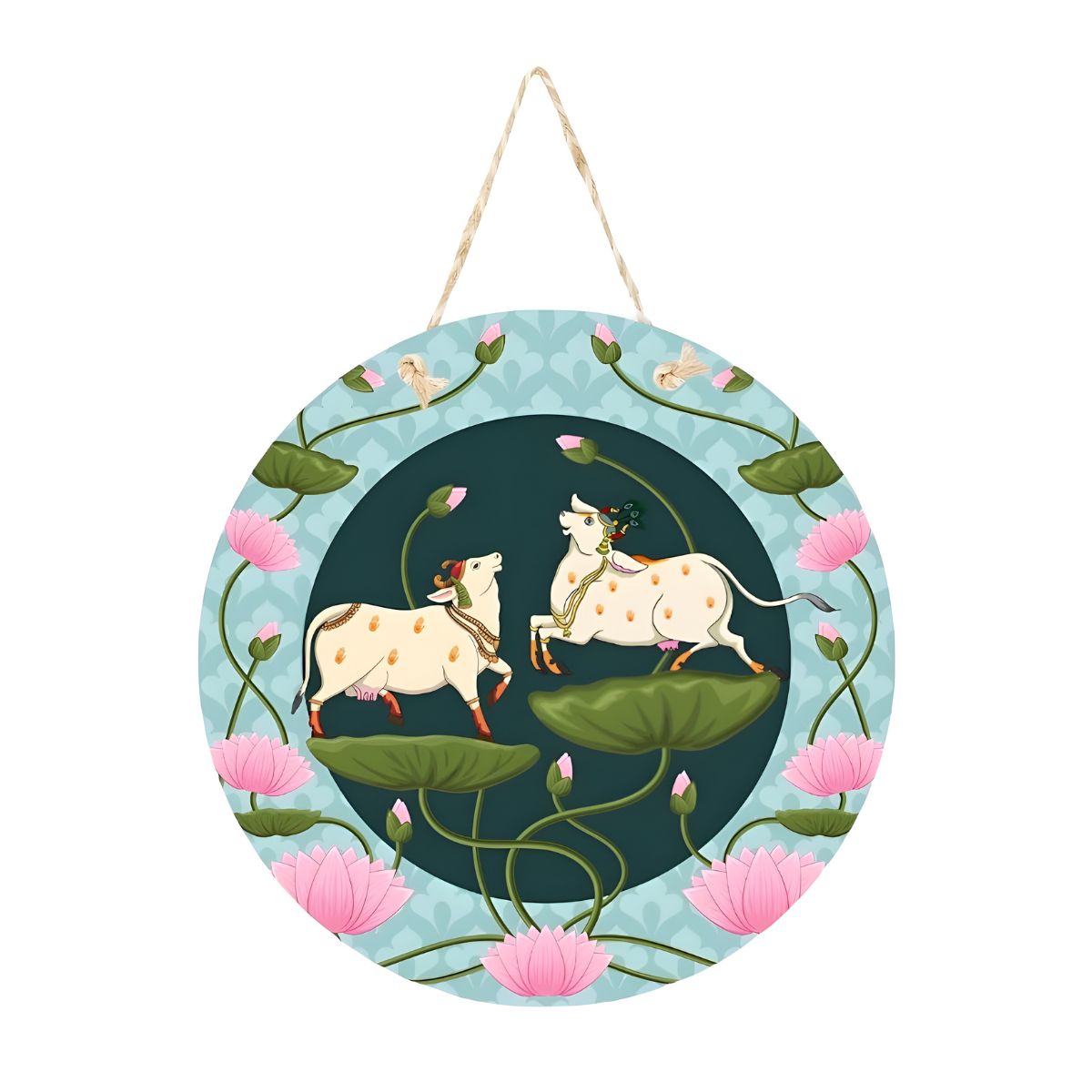 Sacred Cow Lotus Round Hanging Wall Plaque for Pooja Room Décor