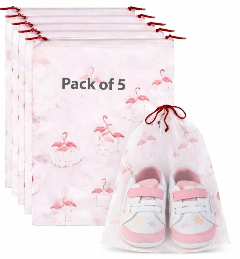 Tiny Shiny Travel Shoe Bag — Transparent Waterproof  Organizer for Travel and Gym | Pack of 5 | Green Floral