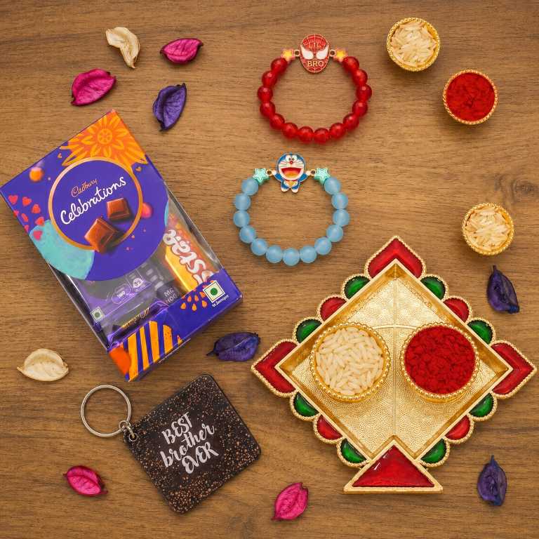 Kids Rakhi Combo Set of 2 with Chocolate, Best Brother Keychain & Roli Chawal | Raksha Bandhan Gift Hamper for Boys