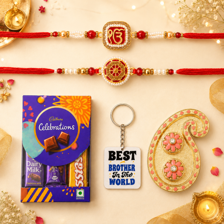 Rakhi Gift Set with 2 Ik Onkar & Mandala Rakhi Set, Roli Chawa, Sipra, Key Chain and chocolate box