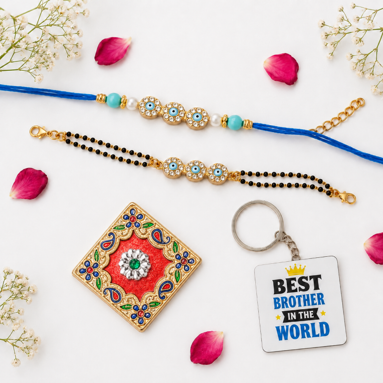 Bhai Bhabhi Rakhi Set | Evil Eye Rakhi & Black Bead Lumba Bracelet