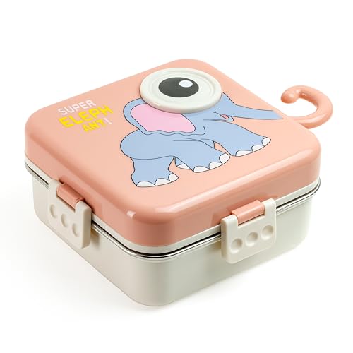 Cute Elephant Bento Lunch Box for Kids | 3 Compartment Leak-Proof BPA-Free Tiffin | Cartoon Elephant Design with Airtight Lid & Lock Clips | School, Travel & Picnic Lunch Container | Lunchbox (1120ml + 70ml) (Pink)