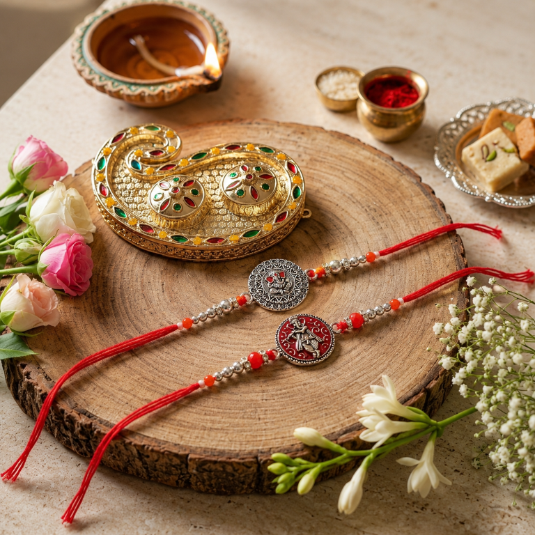 Rakhi Gift Set with 2 Divine Krishna Rakhi Set, Roli Chawa, Sipra, Key Chain and chocolate box