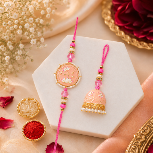 Bhai Bhabhi Rakhi Set | Pink Floral Rakhi with Designer Jhumki Lumba