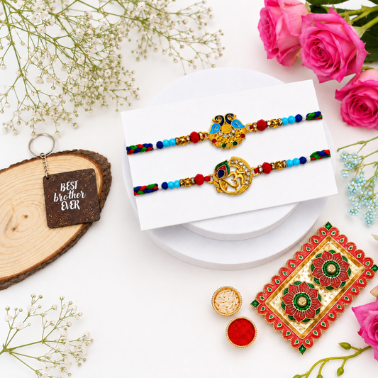 Rakhi Gift Set with 2 Peacock & Om Rakhi Set, Roli Chawa, Sipra, Key Chain and chocolate box