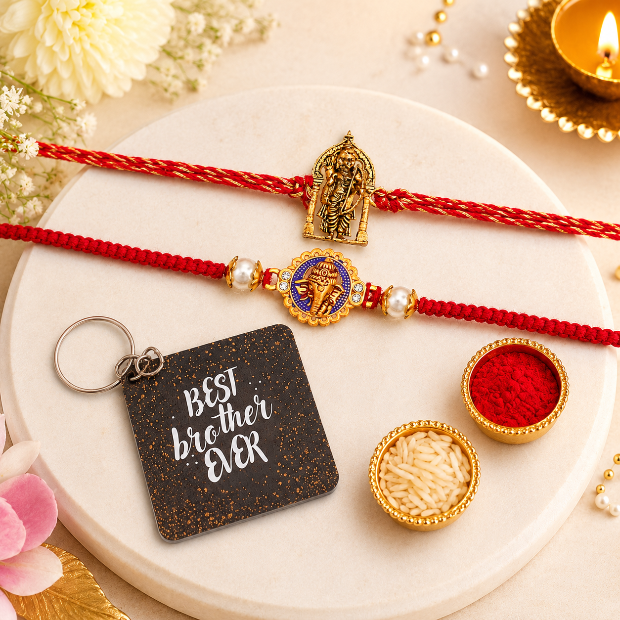 Rakhi Gift Set with 2 Divine Ram Lalla Rakhi Set, Roli Chawa, Sipra, Key Chain and chocolate box