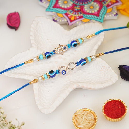 Set of 2 Hamsa & Infinity Rakhi Set for Brother & Bhavi, Multicolor