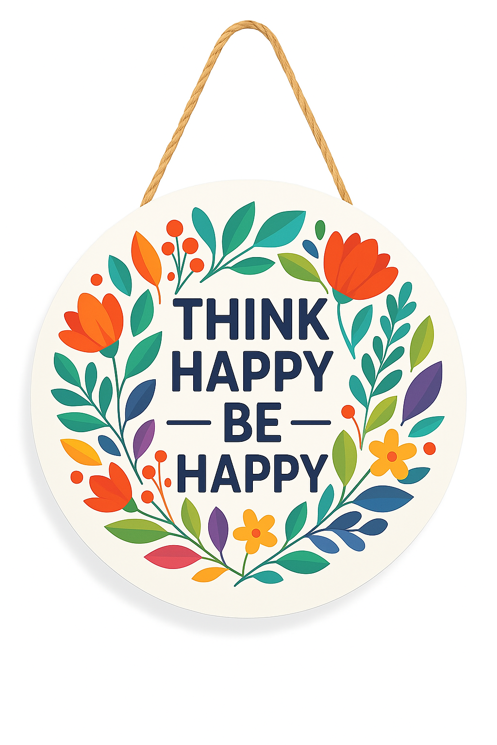 Think Happy Be Happy Floral Hanging Wall Plaque | Decorative Motivational Wall Hanging for Home, Office & Gifting