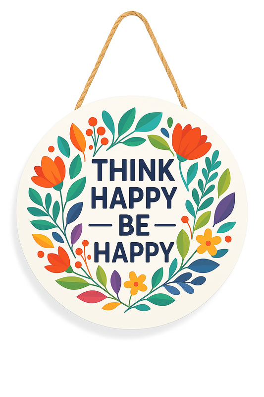 Think Happy Be Happy Floral Hanging Wall Plaque | Decorative Motivational Wall Hanging for Home, Office & Gifting