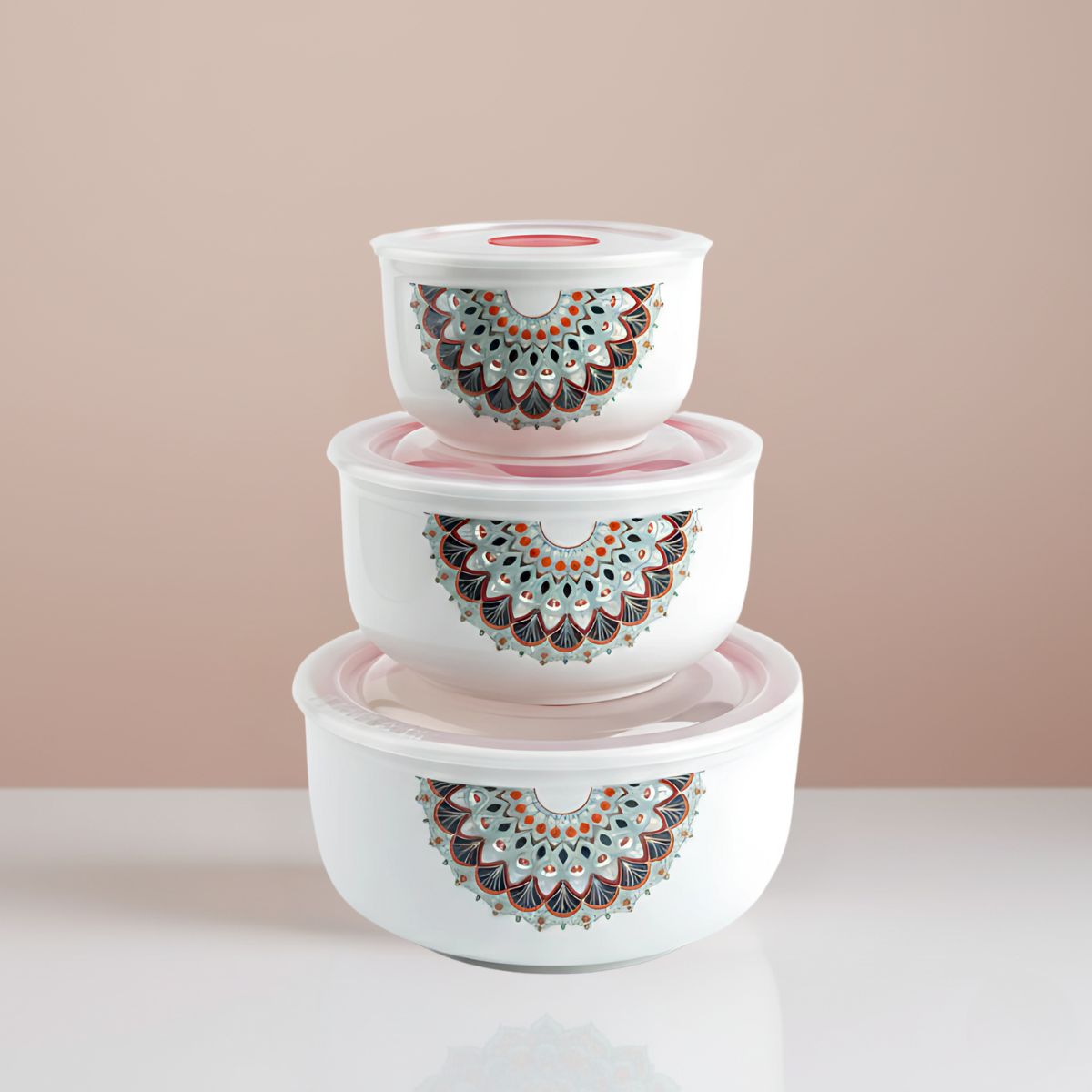 Mandala Printed Ceramic Bowl Set with Lids | Multipurpose Food Storage & Serving Bowls | Microwave & Dishwasher Safe | Durable Kitchen Bowls (Set of 3, Multisize)