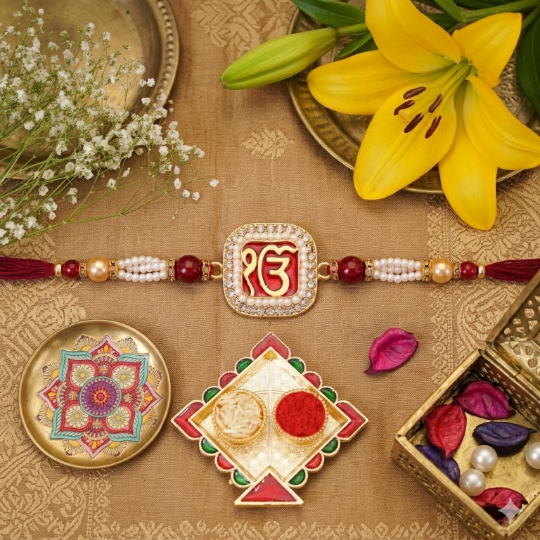 Rakhi Gift Set Brother with Ik Onkar Designer Rakhi, Roli Chawa, Sipra, Key Chain and chocolate box