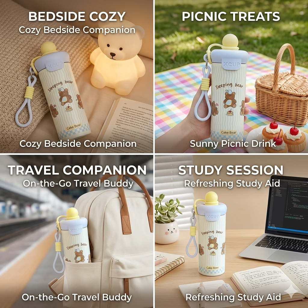 Cute Bear Stainless Steel Kids Water Bottle with Straw & Carry Strap – 500ml Leakproof Insulated Flask for School