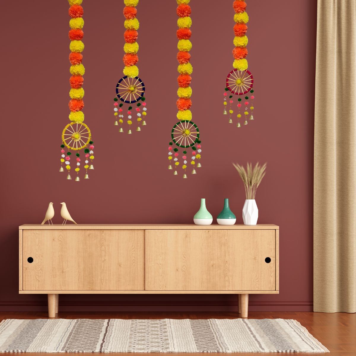 Tiny Shiny Artificial Marigold Fluffy Flowers Garland String with Bells Ring Pom Pom