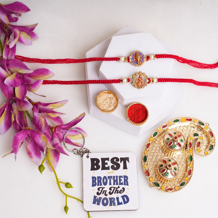 Set of 2 Ganesha & Krishna Rakhi Set for Brother, Bhai, Multicolor