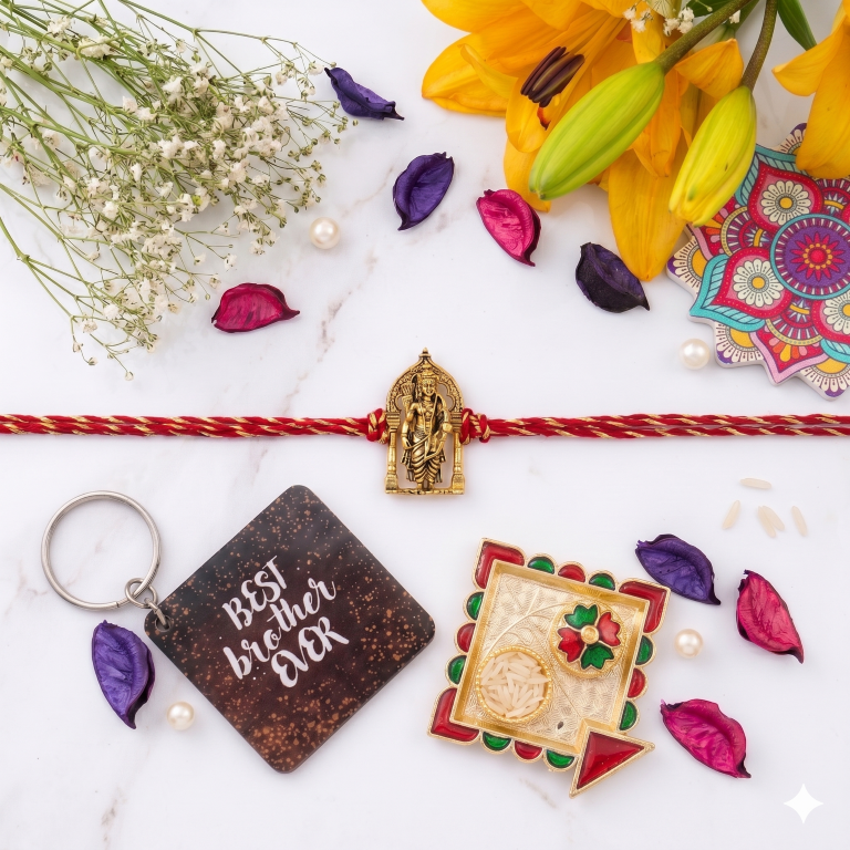 Rakhi Gift Set Brother with Tirupati Ram Lalla Rakhi, Roli Chawa, Sipra, Key Chain and chocolate box