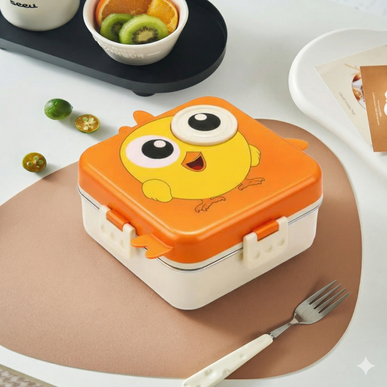 2 Layer Kids Lunch Box with Steel Inner, 3 Compartments Leak Proof Airtight BPA Free Bento Tiffin Box 1120 ML with 70 ML Sauce Cup for School Picnic Boys Girls (Sunset Orange Chick)