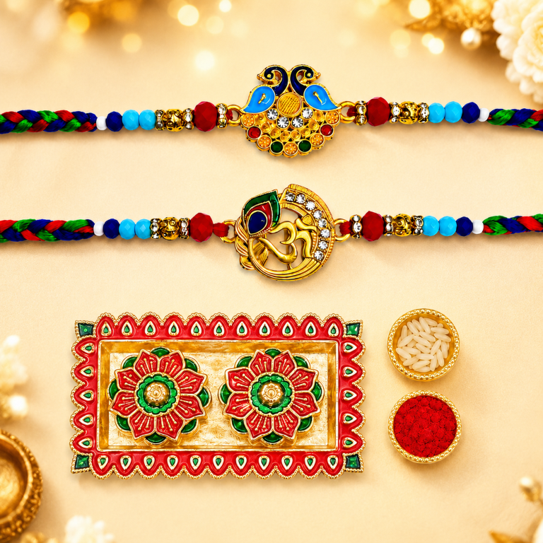 Rakhi Gift Set with 2 Peacock & Om Rakhi Set, Roli Chawa, Sipra, Key Chain and chocolate box