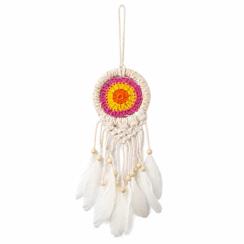 Handmade Evil Eye Dreamcatcher Wall Hanging – Blue & White Crochet Dream Catcher with Feathers & Beads – Boho Home Décor, Protection & Good Luck Charm