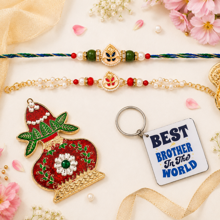 Bhai Bhabhi Rakhi Set | Designer Rakhi & Pearl Lumba Bracelet