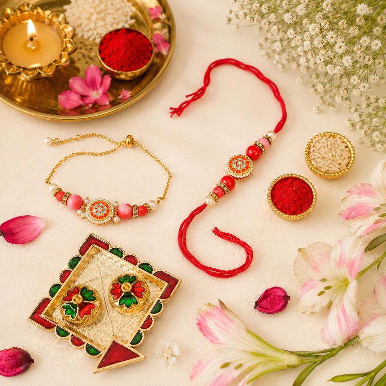 Bhai Bhabhi Rakhi Set | Designer Rakhi & Adjustable Lumba Bracelet