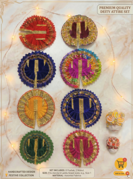 Tiny Shiny Laddu Gopal Poshak Thakur Ji Dress  Designer Dress for Kanha Ji Fancy Dress for Bal Krishna Janmaasthmi Special for Ladoo Gopal Ji (Poshak-8, Mukut-2, Size-1 )