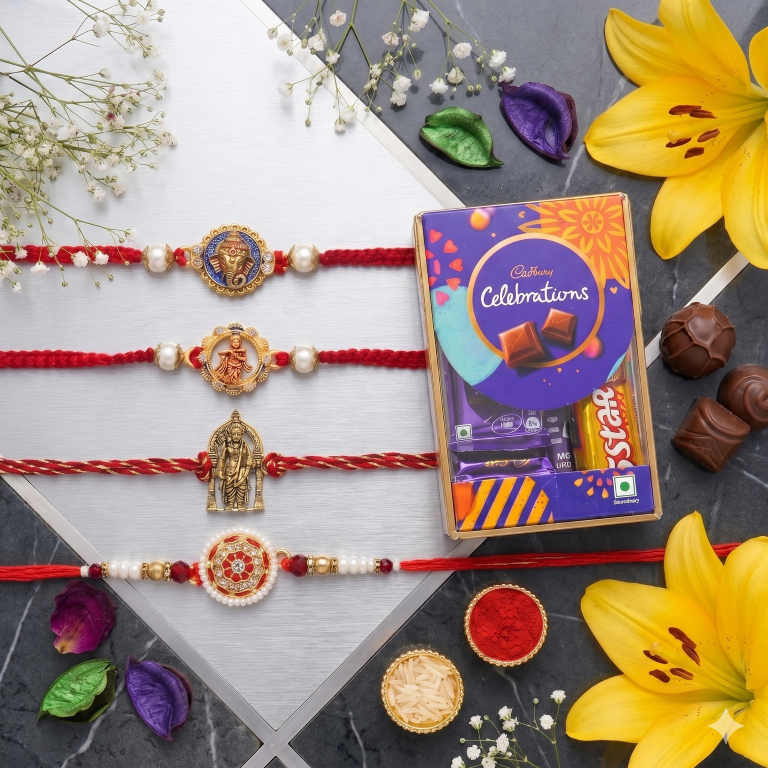Set of 4 Premium Divine Rakhi Set for Brother, Bhai, Multicolor