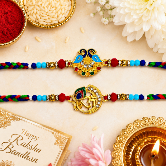 Rakhi Gift Set with 2 Peacock & Om Rakhi Set, Roli Chawa, Sipra, Key Chain and chocolate box