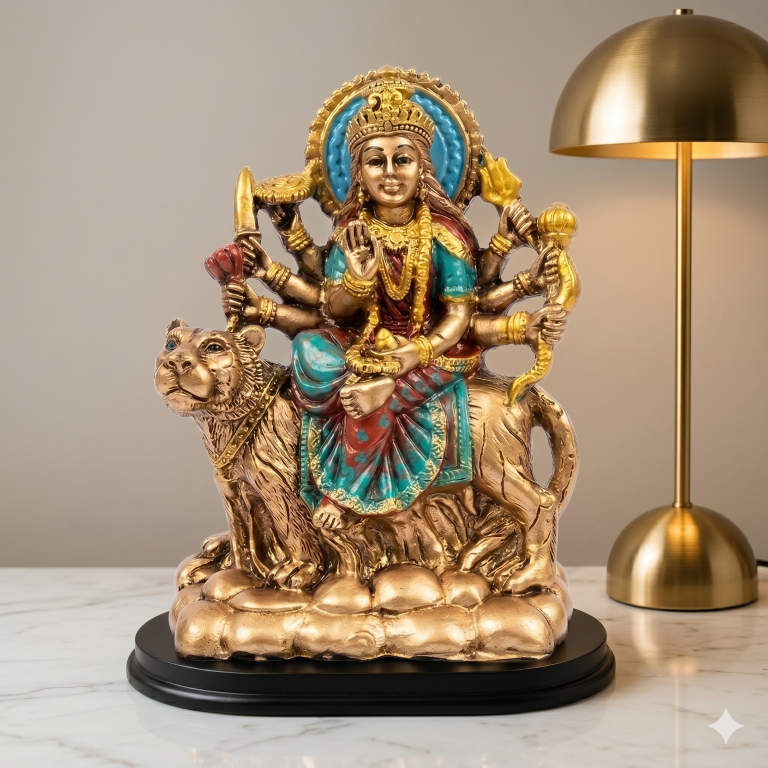 Divine Maa Durga Idol on Lion - Antique Bronze & Turquoise Finish (13.5 cm) | Sherawali Mata Murti for Home Decor & Pooja