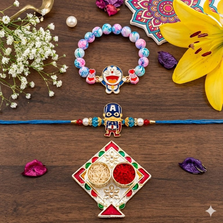 Doraemon & Captain Bracelet Bro Kids Rakhi Set of 2 Designer Rakhi for Brother