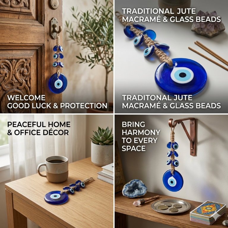 Handmade Evil Eye Wall Hanging Nazar Protection Charm – Blue Glass Home Décor