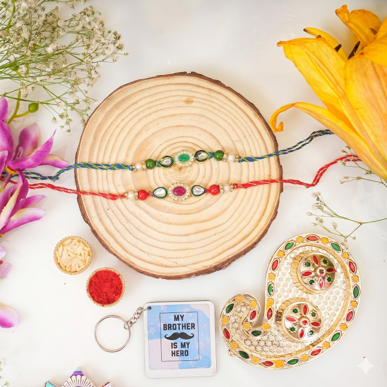 Set of 2 Emerald & Ruby Designer Rakhi Set for Brother & Bhavi, Multicolor