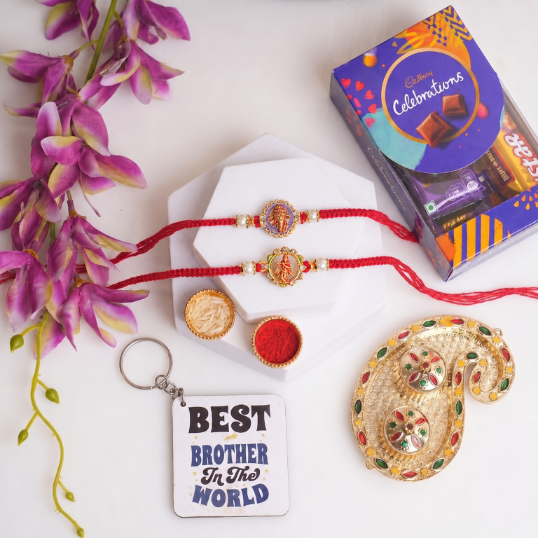 Set of 2 Ganesha & Krishna Rakhi Set for Brother, Bhai, Multicolor
