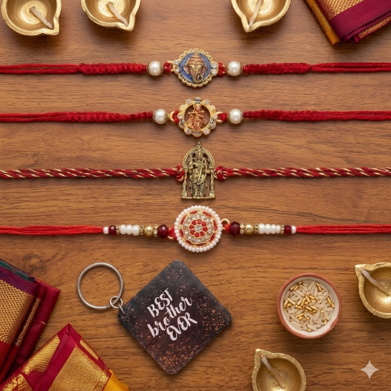 Set of 4 Premium Divine Rakhi Set for Brother, Bhai, Multicolor