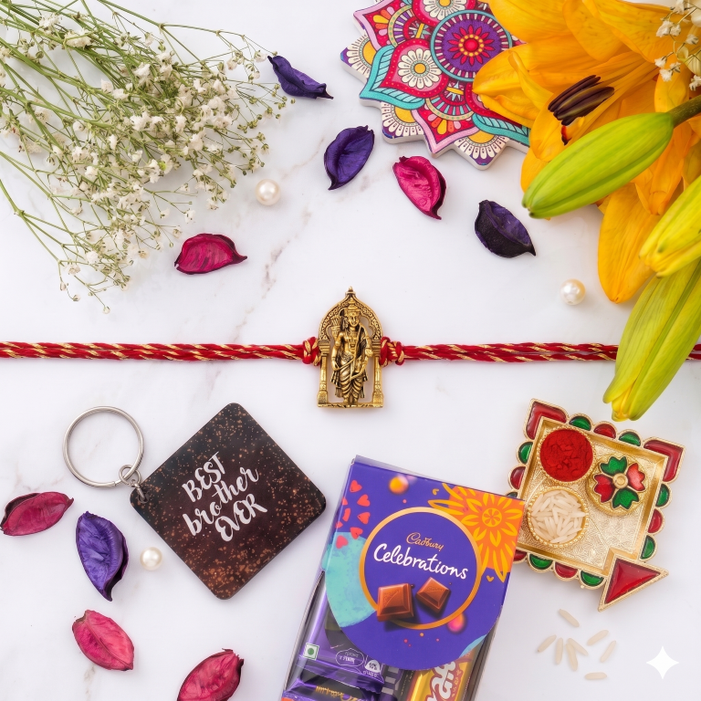 Rakhi Gift Set Brother with Tirupati Ram Lalla Rakhi, Roli Chawa, Sipra, Key Chain and chocolate box
