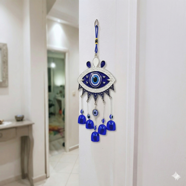 Evil Eye Hanging Nazar Battu for Home House Entrance Protection Door Decoration, Car Mirror Hanging, Housewarming Gift (Wind Chime Evil Eye)