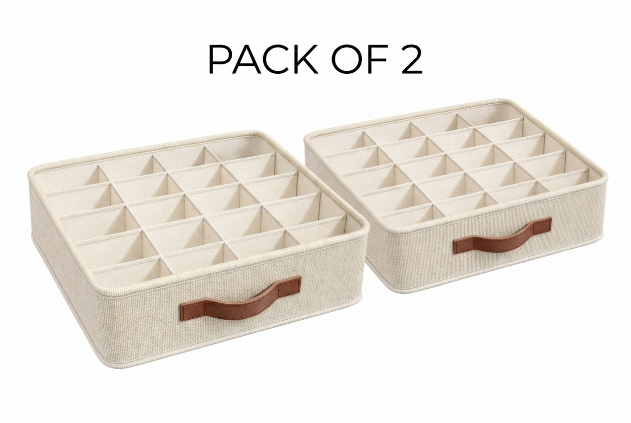 Tiny Shiny Drawer Organizer for Socks Bra Lingerie  — Cotton Storage Box Pack of 2 | Cream