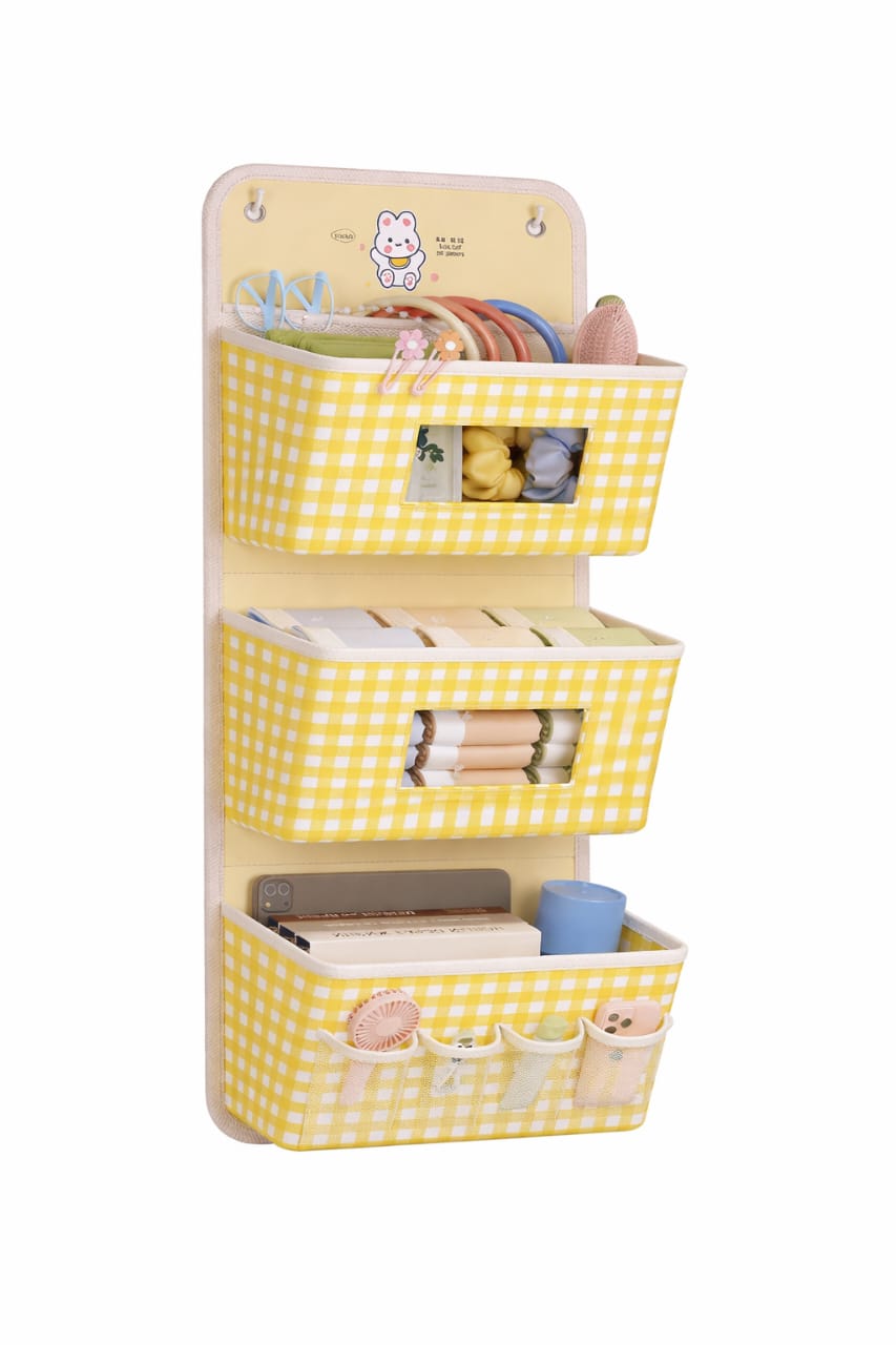 Tiny Shiny Over Door Hanging Organizer — 3 Pocket  Fabric Storage Bag with Mesh Windows | Red Yellow