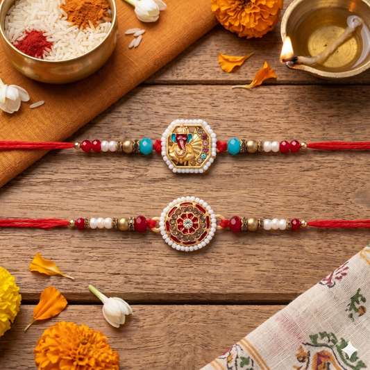 Set of 2 Ganesha Designer Rakhi Set for Brother, Bhai, Multicolor