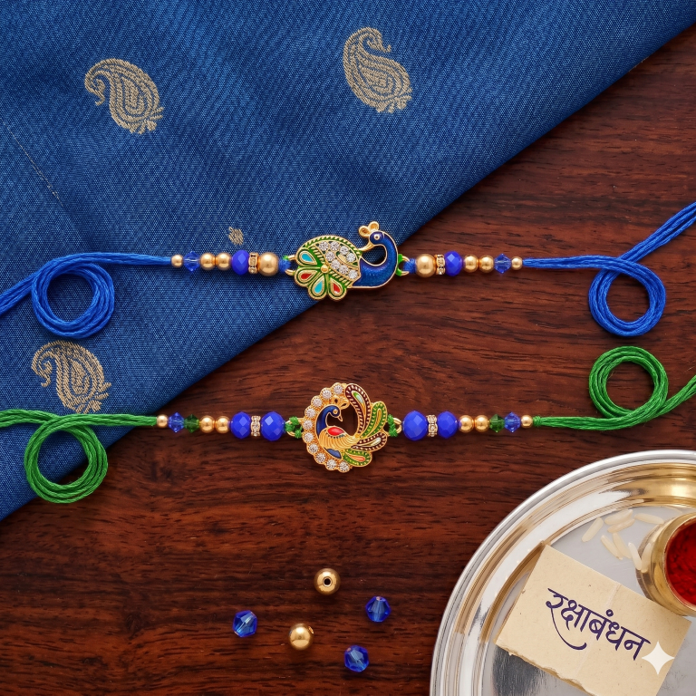 Rakhi Gift Set with 2 Royal Peacock Rakhi Set, Roli Chawa, Sipra, Key Chain and chocolate box