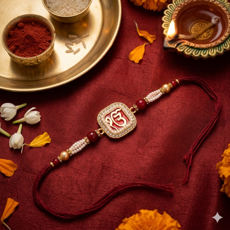 Rakhi Gift Set Brother with Ik Onkar Designer Rakhi, Roli Chawa, Sipra, Key Chain and chocolate box