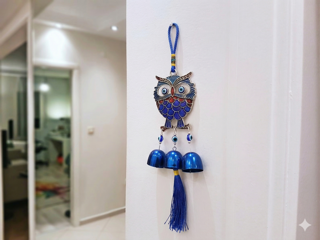 Evil Eye Hanging Nazar Battu for Home Entrance, Door & Wall Decoration | Turkish Evil Eye Big Size Hanging | Moon Design Wall Hanging for Protection & Positivity (3 Bell owl)