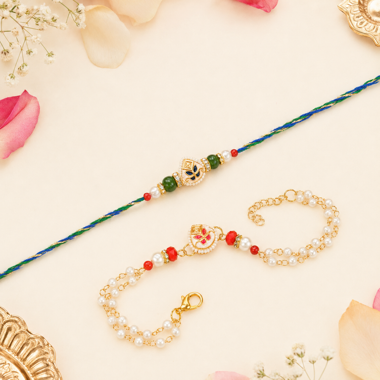 Bhai Bhabhi Rakhi Set | Designer Rakhi & Pearl Lumba Bracelet