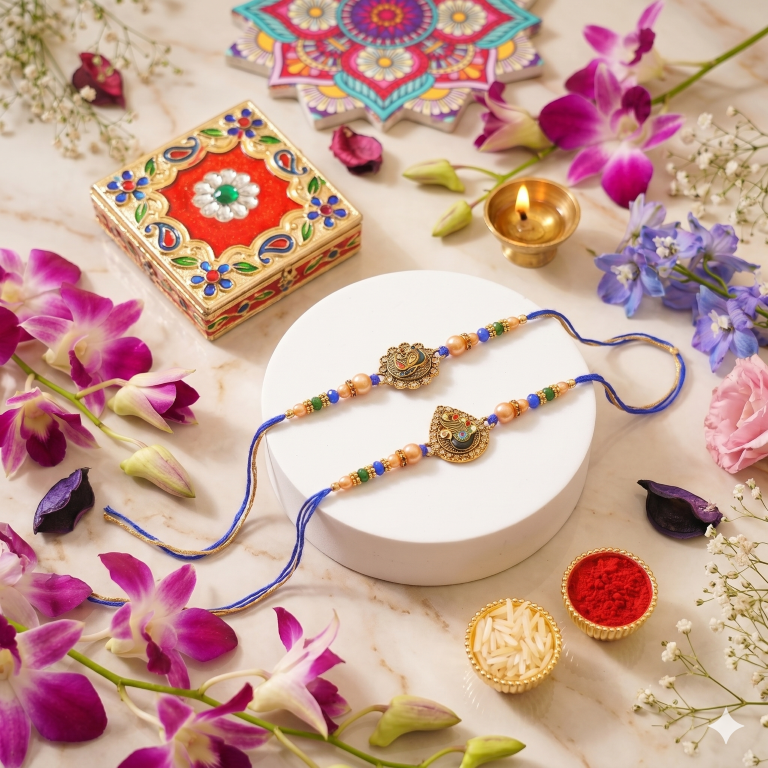 Set of 2 Swan & Peacock Rakhi Set for Brother, Bhai, Multicolor