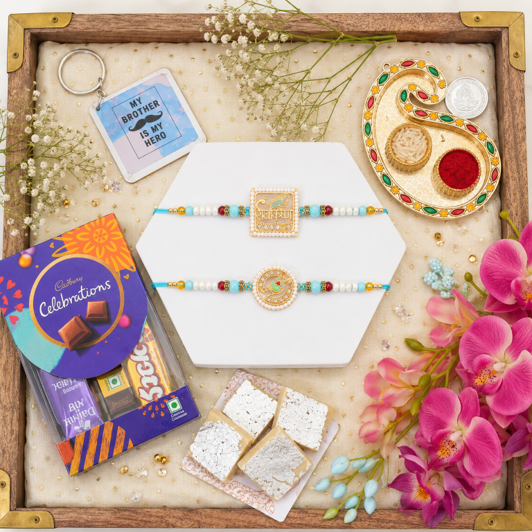 Set of 2 Radha Krishna Rakhi Set for Brother & Bhavi, Multicolor